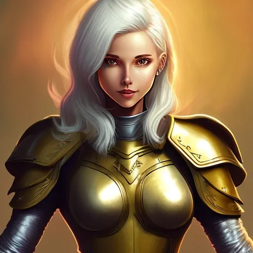 D&D character, female, cleric, platinum blonde hair, gold eyes, smile, teal armor