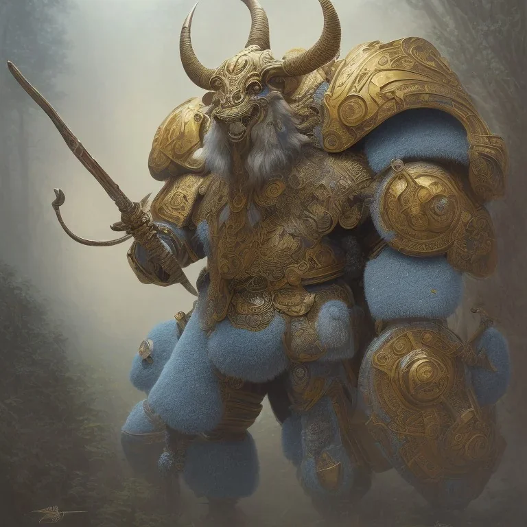 a Big-horn Ram warrior in blue and yellow battle armor, a highly detailed illustration, background of Inka jungle, realistic render, 8 k, micro detail, intricate, elegant, centered, digital painting, Artstation, smooth, sharp focus, illustration, artgerm, tomasz alen kopera, peter mohrbacher, donato giancola, joseph christian leyendecker, wlop, boris vallejo