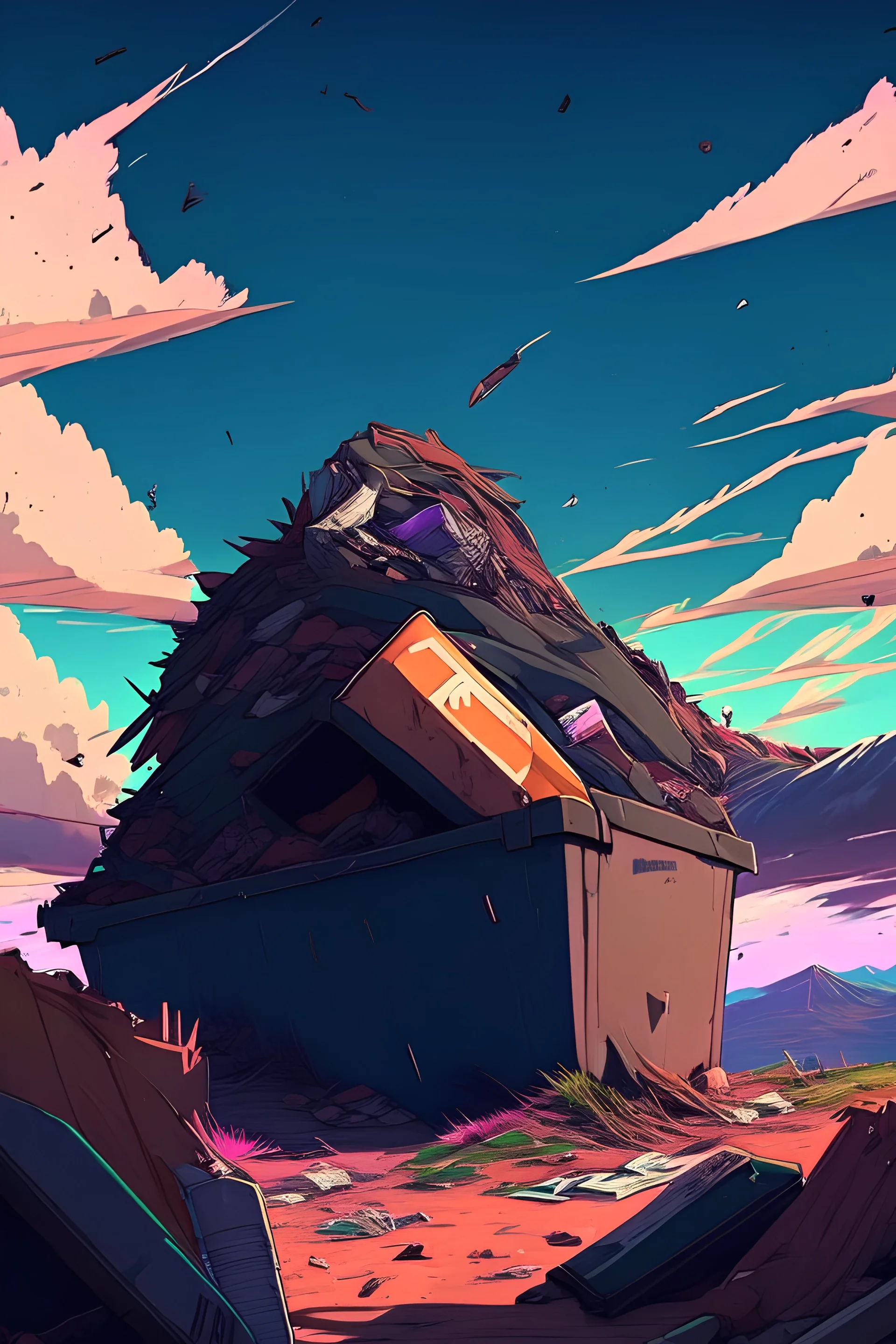 Dumpster mountains of garbage epic no people anime style