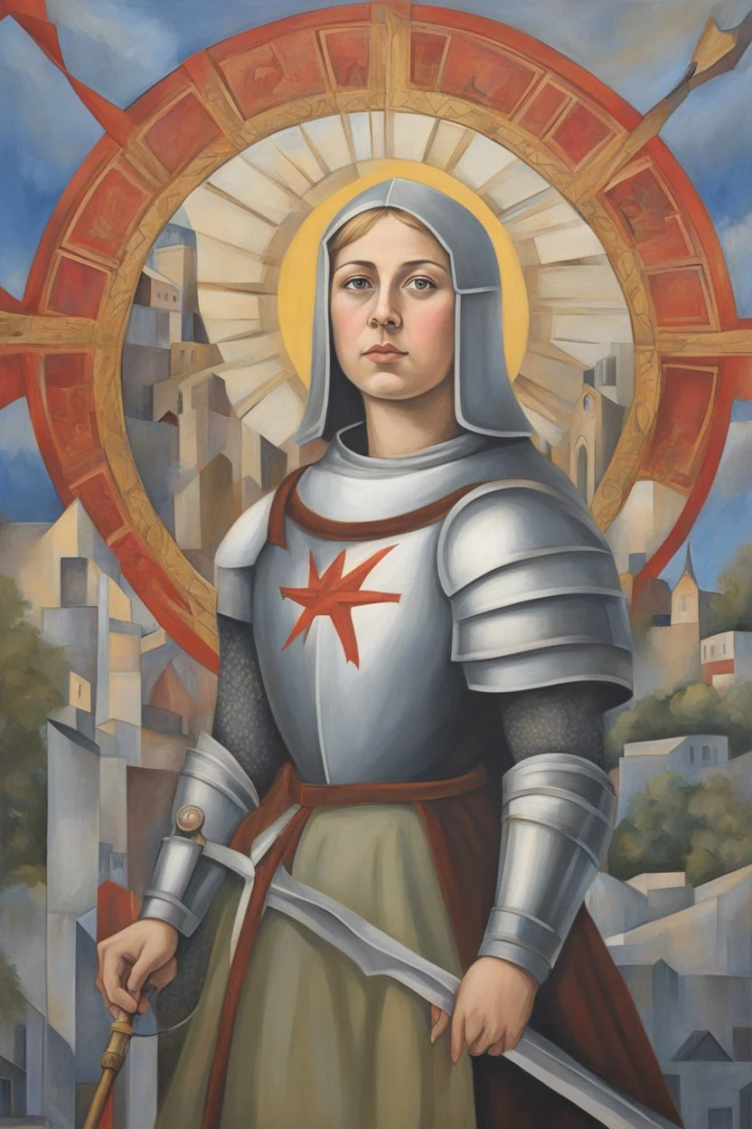 Portrait Art **Featured Art:** Community Mural: Collaborate with the community to create a mural celebrating Joan of Arc's legacy. Invite people of all backgrounds to contribute their own interpretations of her story and its relevance to contemporary issues of civil and labor rights. The mural could serve as a symbol of unity and collective action. **Appearance:** portrait of Joan of Arc (a patron saint of France, honored as a defender of the French nation for her role in the siege of Orléans an