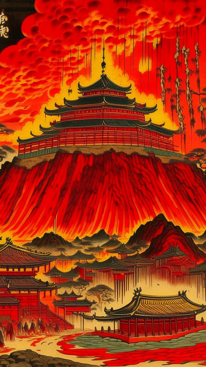 A red volcanic castle in a fiery realm designed in Navajo woven art painted by Utagawa Hiroshige