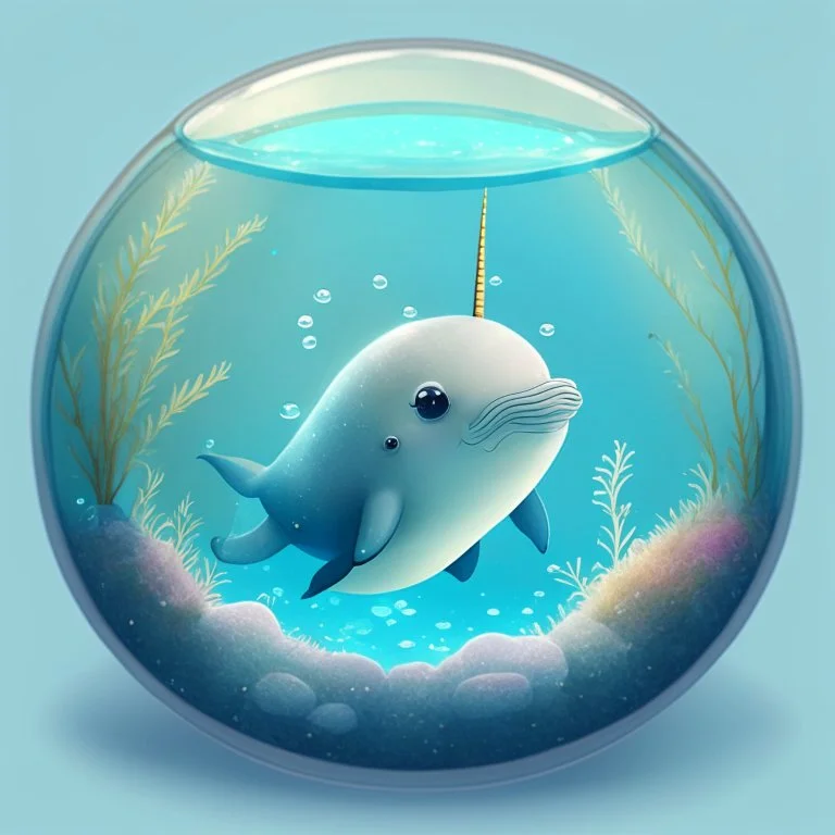 A cute little Narwhal in a small circular fish tank.