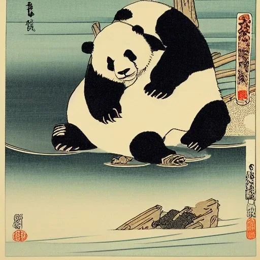 Panda in water smoking by Hokusai