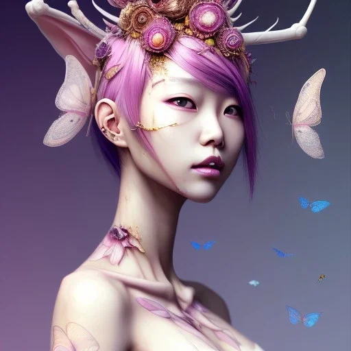  Asian woman, leaning pose, pink short hair, rabbit mask, latex suit,Punk style, Gradient background,style <Yoji Shinkawa>, Bones, leaning pose, watercolor illustration by <agnes cecile> butterflies everywhere, skulls, centipede, insects, nest, octopus, fly, squid, Dryad, plants, wildflower, intricate detail , rusty metal, ominous, portrait, high lighting,