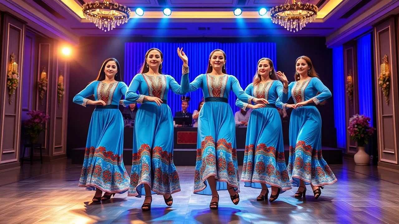 very beautiful group of azeri ladys in pretty oficial folk blue costum with kelaghayi and dance shoes dancing grace fully in a luxury modern stage with lights and decoration,long shot