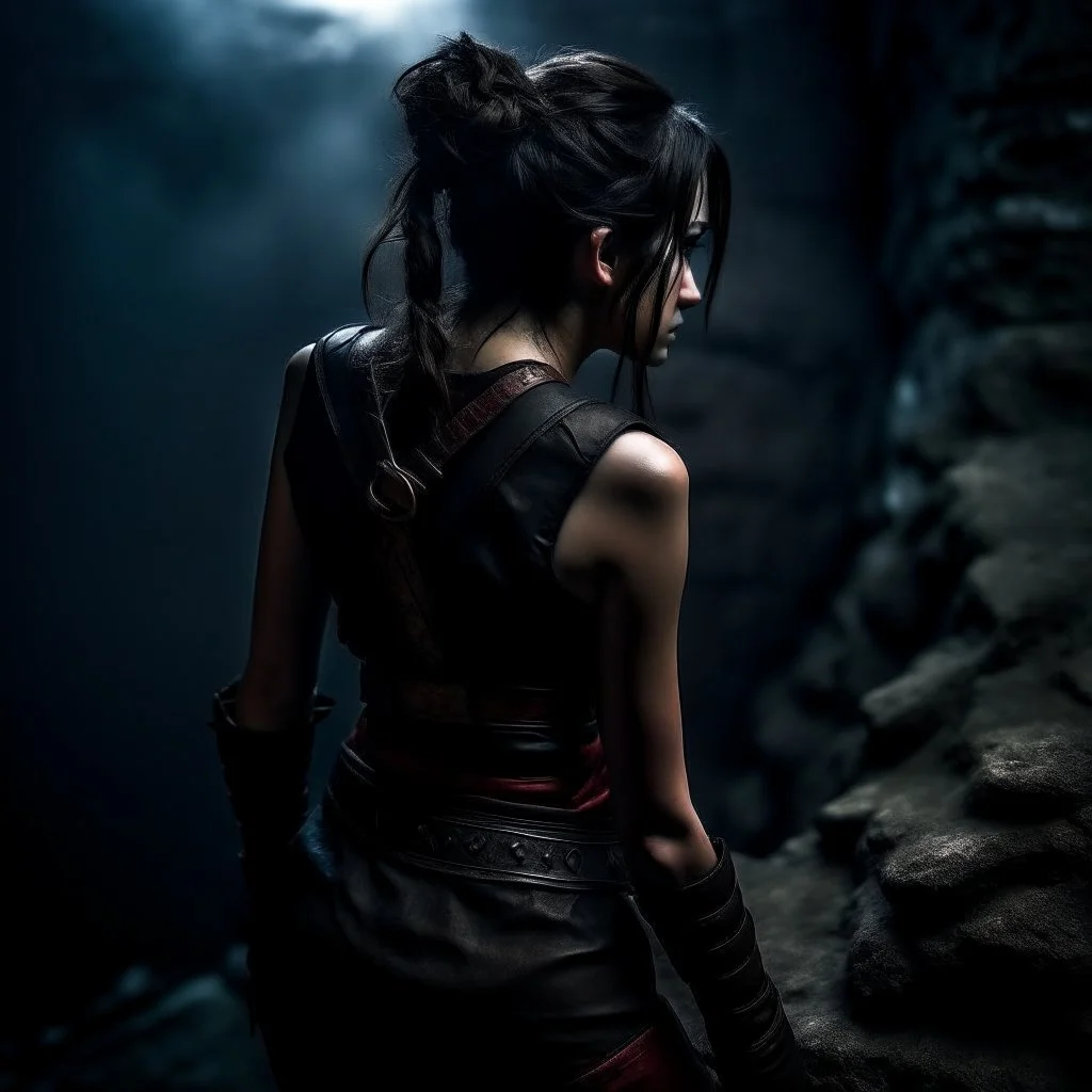 a beautiful tiefling woman with dark hair in a sleeveless battle outfit, seen from the back, at the edge of a precipice in the dark, ready to jump, photo quality, dark colors