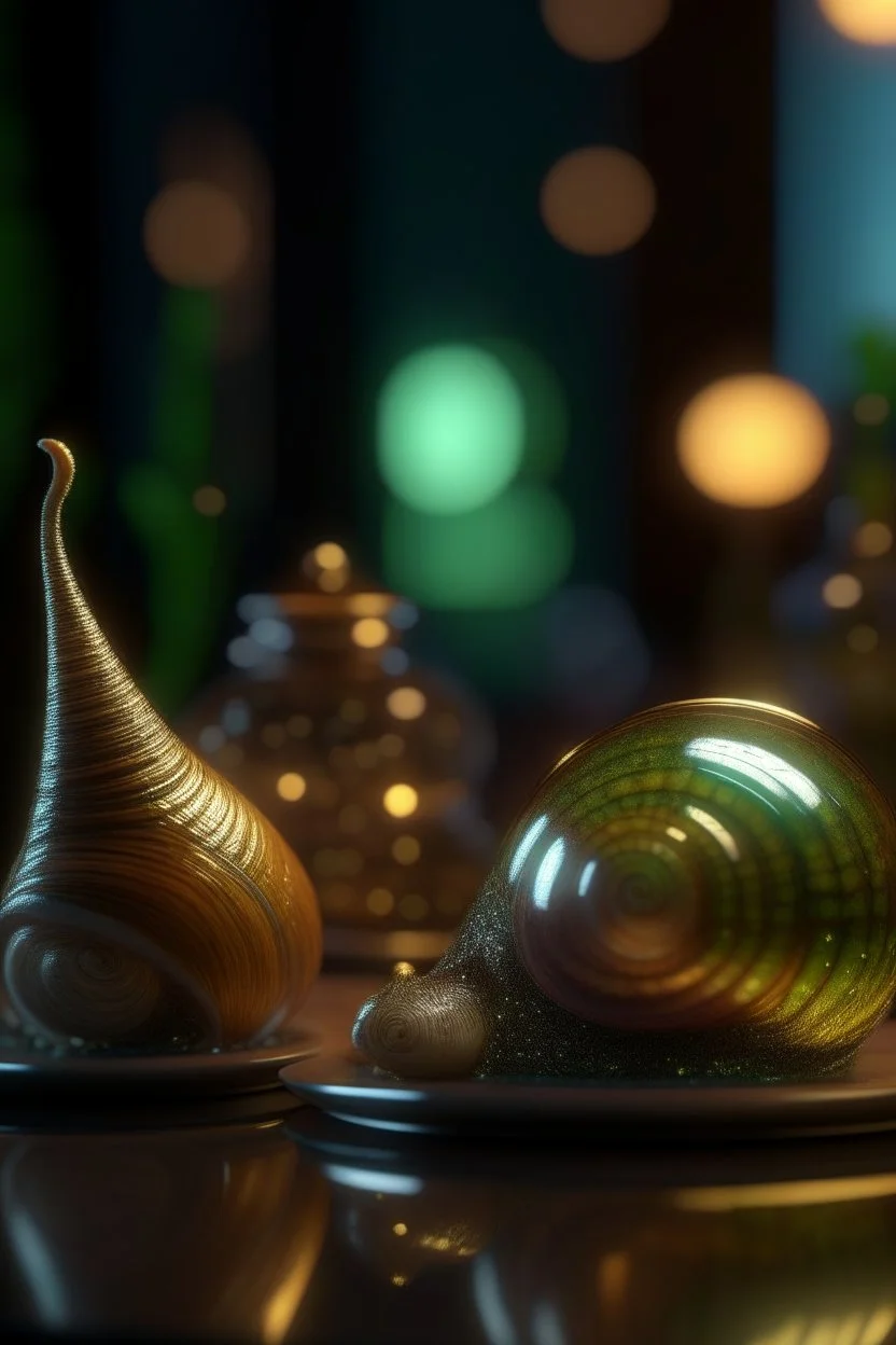 totally transparent slug and snail, disco egg made of small mirror, light rayz, feast table ,shot on Hasselblad h6d-400c, zeiss prime lens, bokeh like f/0.8, tilt-shift lens 8k, high detail, smooth render, down-light, unreal engine, prize winning