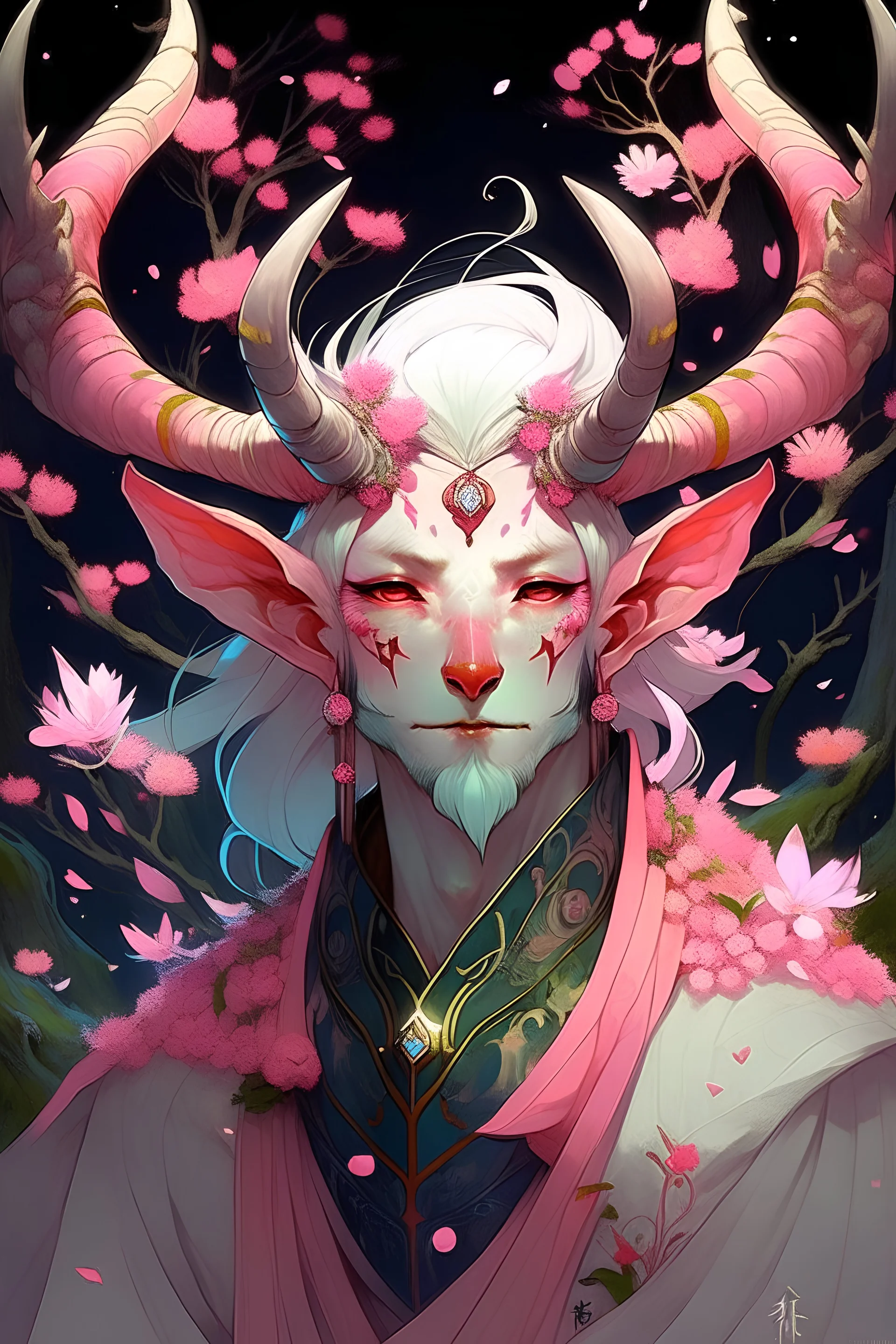 Pink hair spring cherry blossom Eladrin Male antlers blossom beard druid of the stars vibrant radiant falling petal moth