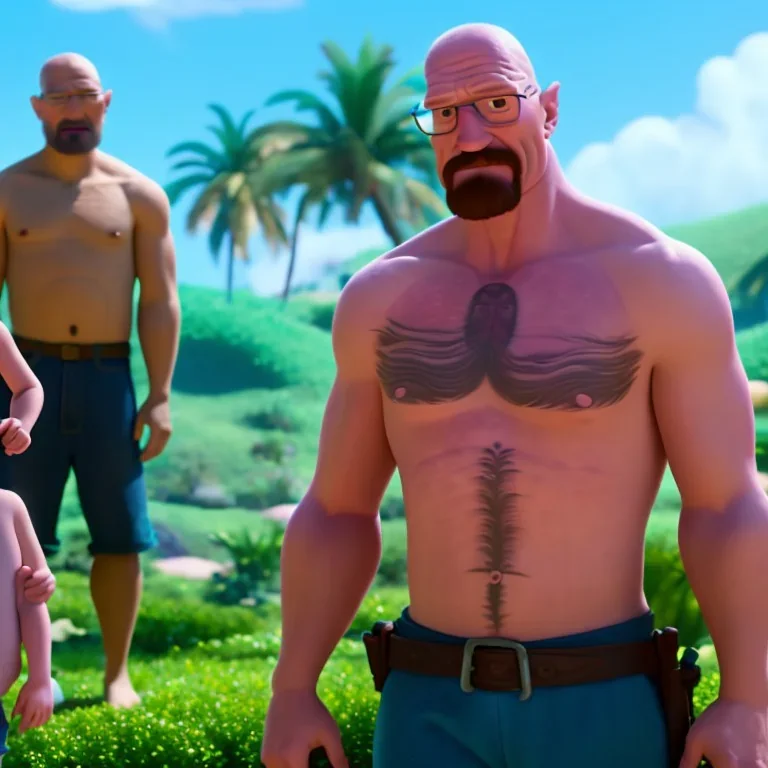 shirtless Walter White family , 8k, tropical background, unicorn tattoo,