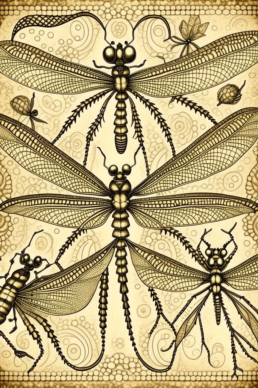 vintage, gothic, steampunk drawings of a dragonfly, sepia-toned