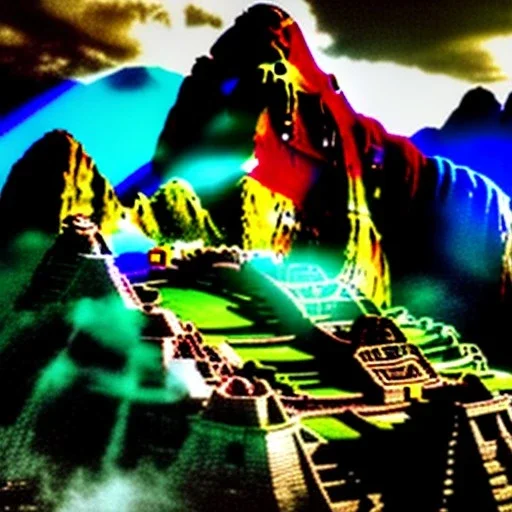 Machu Picchu, Peru,aerial view,cloudy,extremely detailed digital painting, high resolution,8k, realistic, beautiful, volumetric lighting, mystical colors ,perfectly centered image, perfect composition, rim light, beautiful lighting,masterpiece, stunning scene, raytracing, anatomically correct, in the style Van Gogh and robert e howard and Ken Kelley and Ohrai Noriyoshi and Simon Bisley and tomzj1.