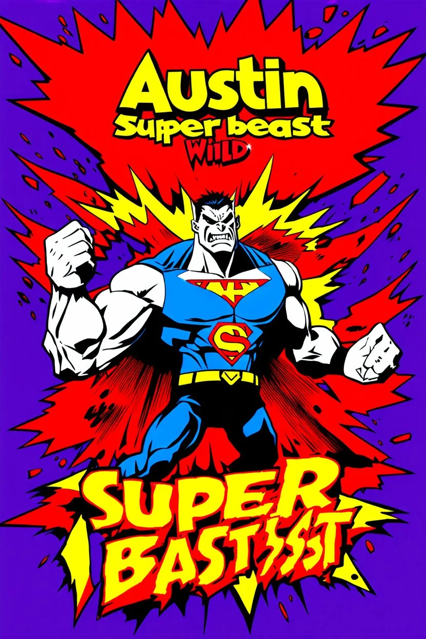 comic scary super hero mad crazy wild super head big title with movie poster title: Austin super beast, 90s style, angry fast, extreme, wild, so so so so angry, tough sexy red and purple background with 90s comic style slashes