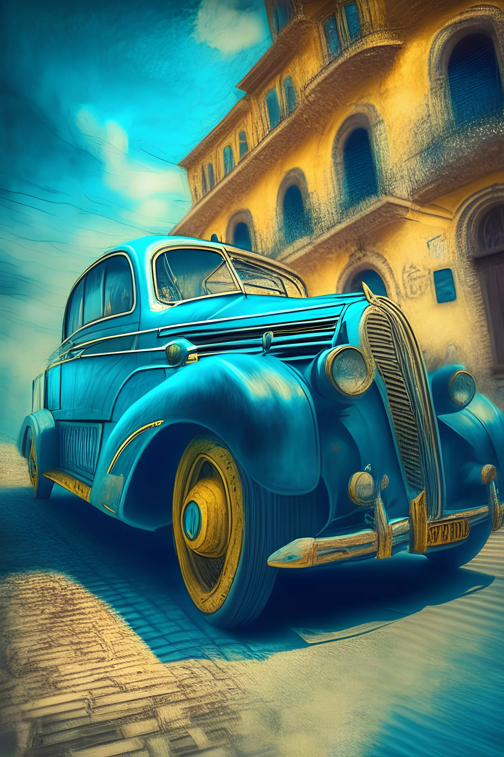 Van Gogh style classical car, cinematic angle