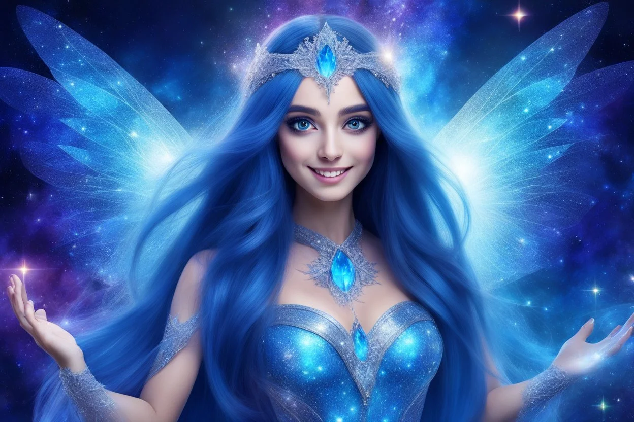 A beauty Fairy women with long blue straight hair., and Blue big eyes. She has Crystal wings and sweety elegant smile.She Is a magic sacred dancer in cosmica ceremony..the background Is a magic coloured bright galaxy, with a stars. She Is so fine gentle and with grace