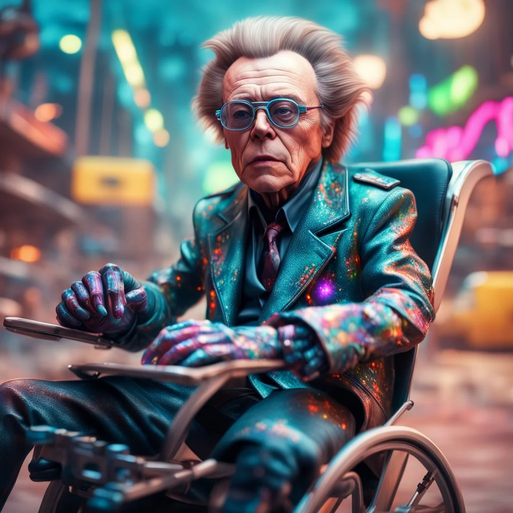 airbrush with pen outline, close up portrait of cool space pimp Christopher Walken gremlin with a psychedelic turbo wheelchair in action scene, wearing driver gloves, wearing flip down driver glasses, in the style of a fallout 4,bokeh like f/0.8, tilt-shift lens 8k, high detail, smooth render, down-light, unreal engine, prize winning