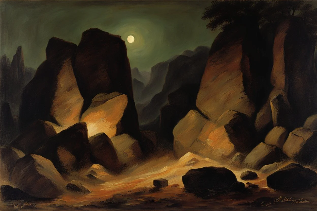 Night, mountains, rocks, friedrich eckenfelder and rodolphe wytsman impressionism paintings