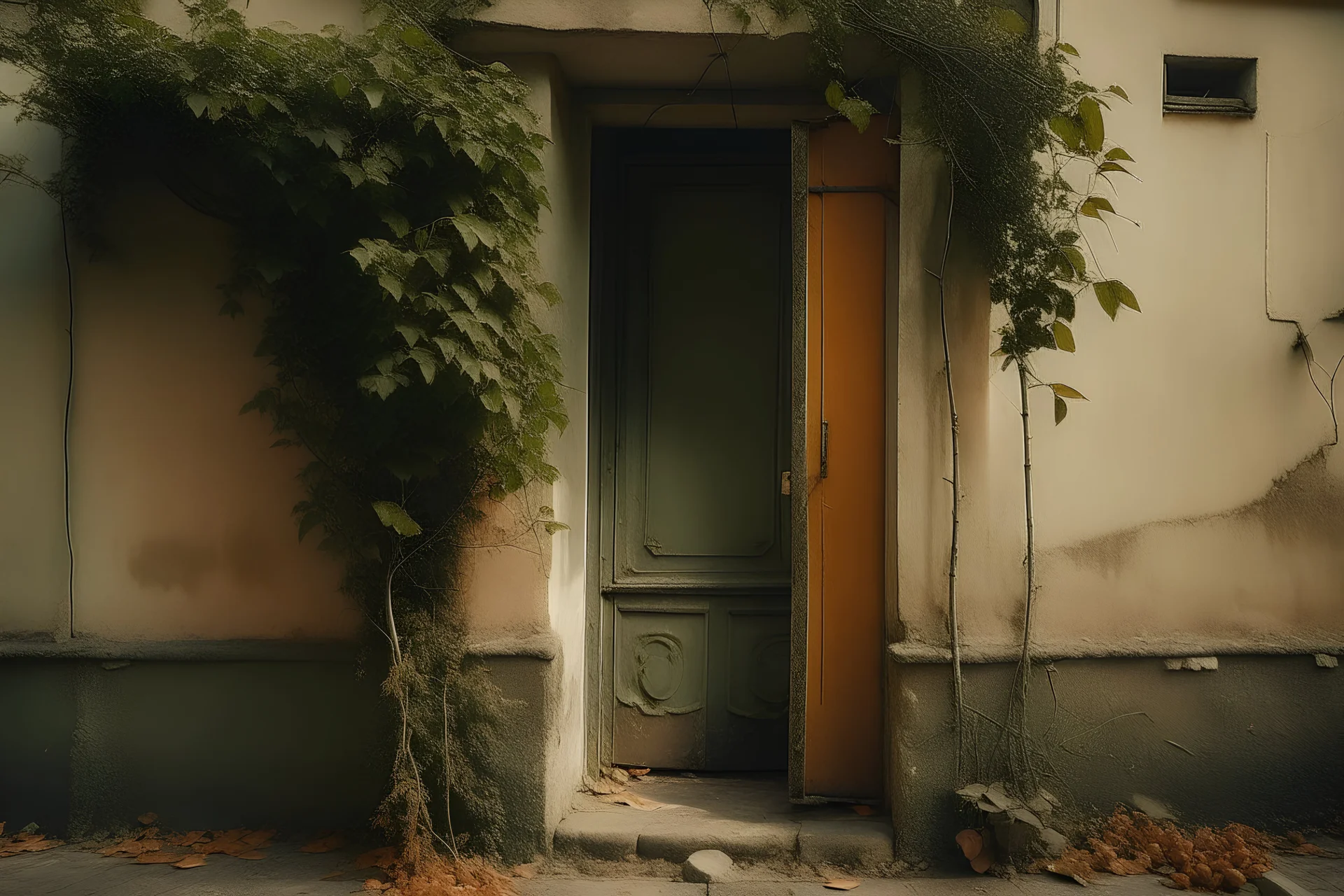 fine art photography of a rustic old wall with cracks featuring a climbing plant with beautiful door in the style of Edward Hopper. Minimalist composition, autumn atmosphere. italian vibe, taken with a hasselblad, dramatic lighting from one side, pastel colors