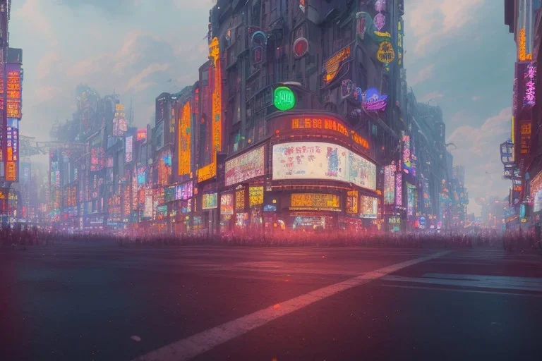 a highly detailed matte painting of buildings with billboards and neonsigns, crowded, by studio ghibli, makoto shinkai, by artgerm, by wlop, by greg rutkowski, octane render, volumetric lighting, volumetric clouds, global illumination, sss, hdr, uhd, 4k resolution, vivacity colors, trending on artstation, masterpiece