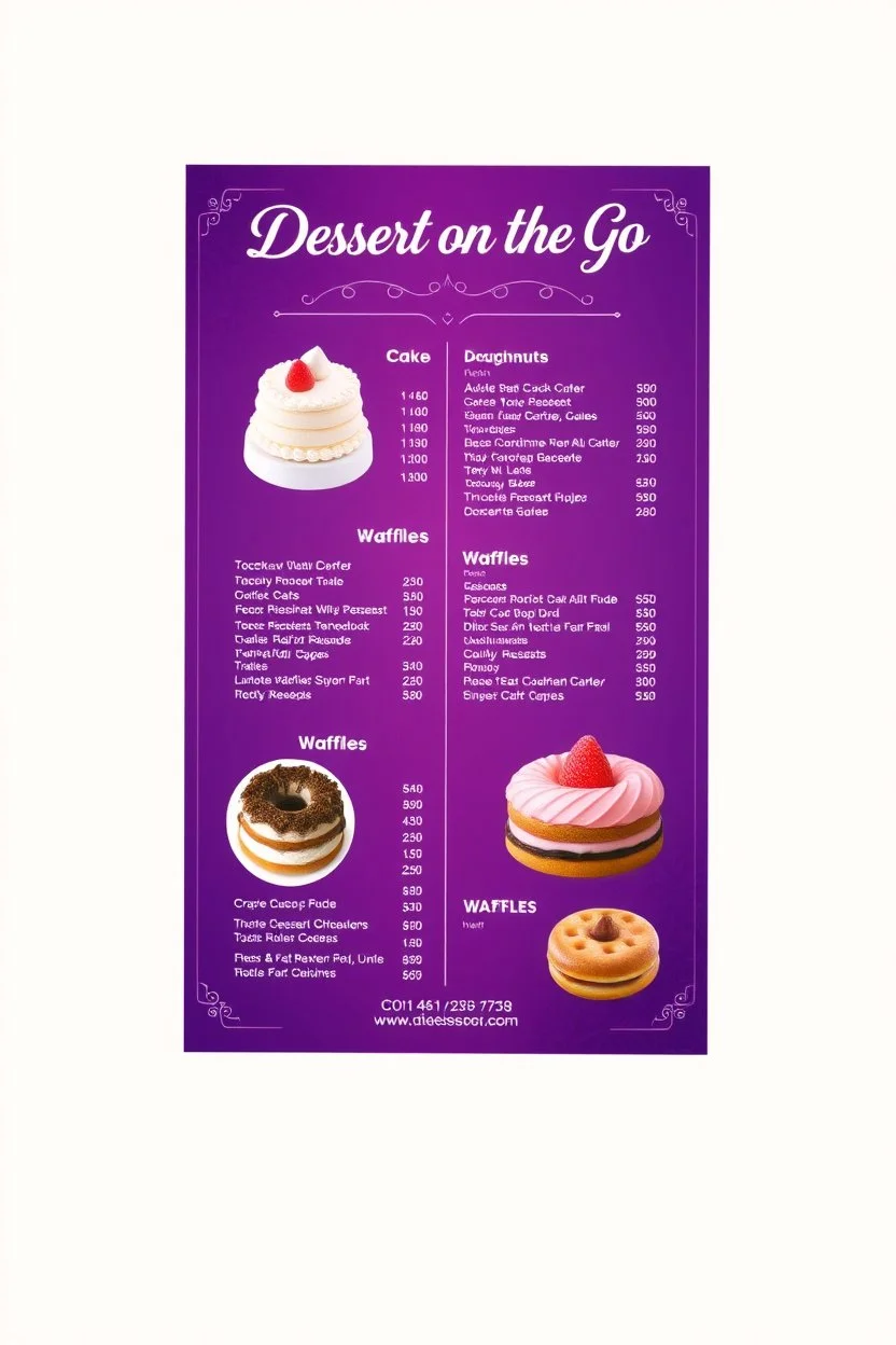 A luxurious purple dessert shop menu titled "Dessert on the Go". The menu is divided into sections for cakes, doughnuts, and waffles. Each section contains a variety of mouth-watering desserts with high-quality images. The background contains a few dessert images like a cake, a doughnut, and a waffle. The contact details of the dessert shop are placed at the bottom of the page. The overall design is clean and visually appealing.