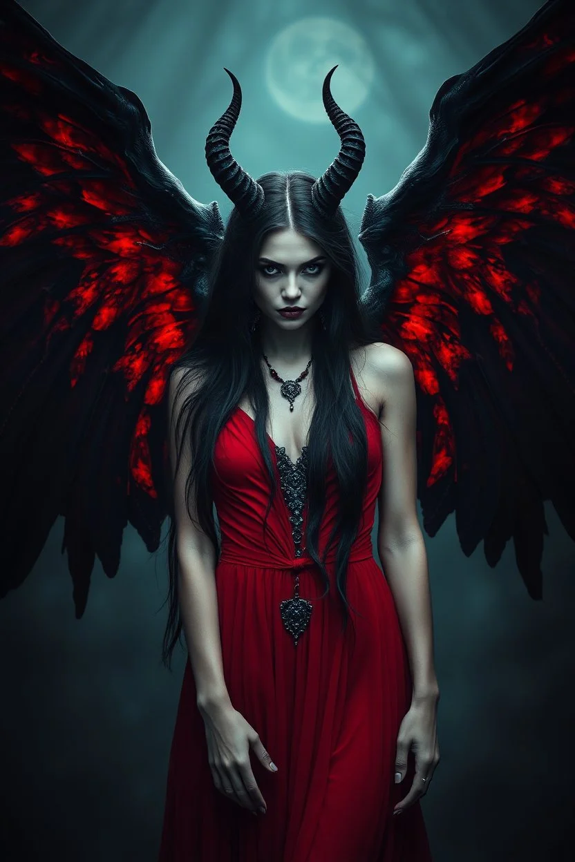 Daughter of Lilith, beautiful, wild woman, stunningly terrifying and powerful personality, stunning demonic woman with black wings in a red dress, long, dark hair with suggestive dark eyes, wonderful, ancient woman, a demonic woman who controls with her strength, power, sharp focus, high detailed, high realistic, master photo, pale lights, deep night, eerie atmosphere, gothic, dark mystic atmosphere, stunning, masterpeace, cinematic