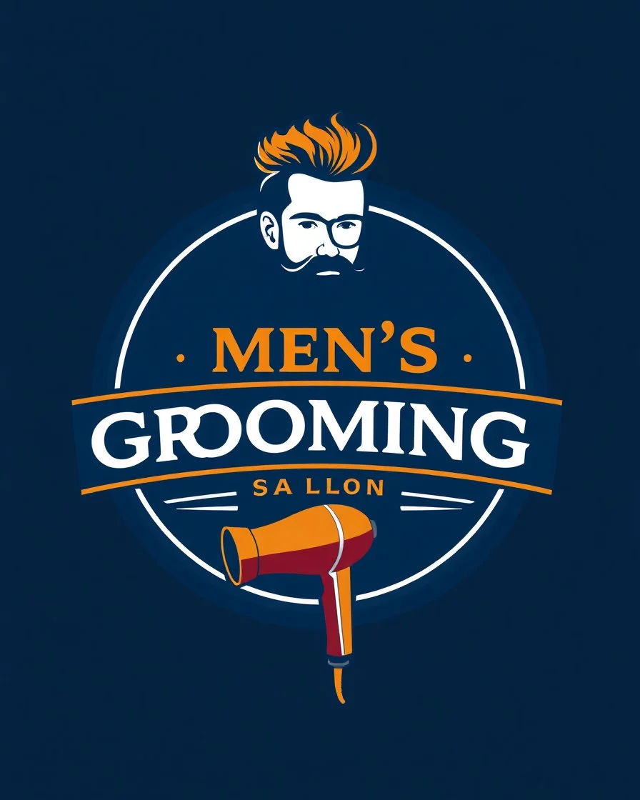 A round logo for a men's grooming salon with a groom vector at the top of the logo and a hair dryer vector logo at the bottom in a blue, red, white, and gold color theme.
