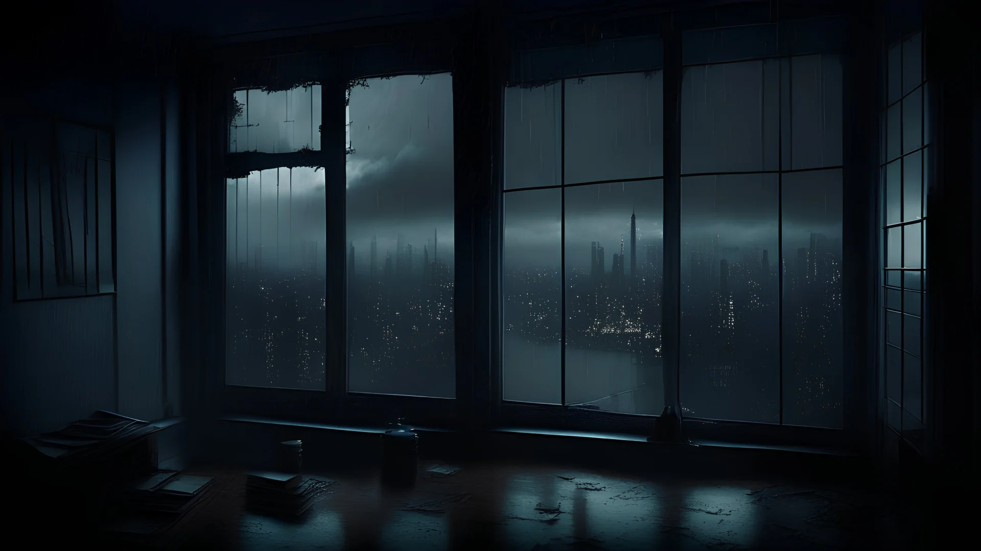 dark gloomy, A room with a view of the city from the