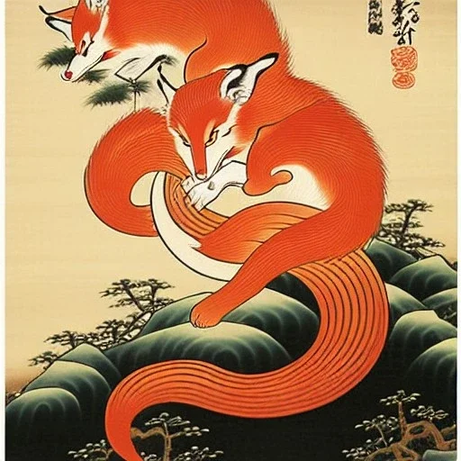 traditional Japanese art, kitsune, 9 tailed fox