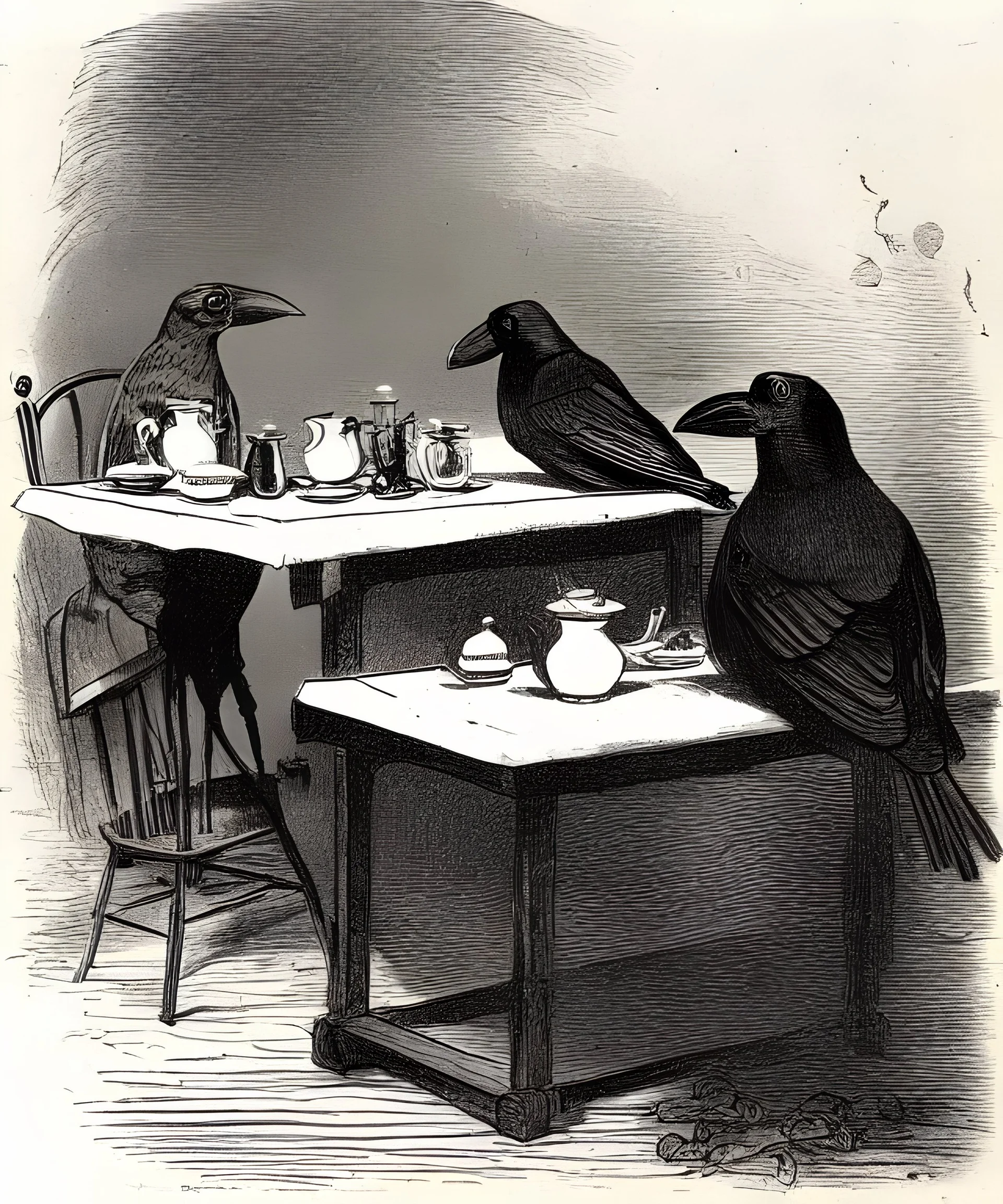 Two crows sitting at a table. Drawing style of J.j.Grandville