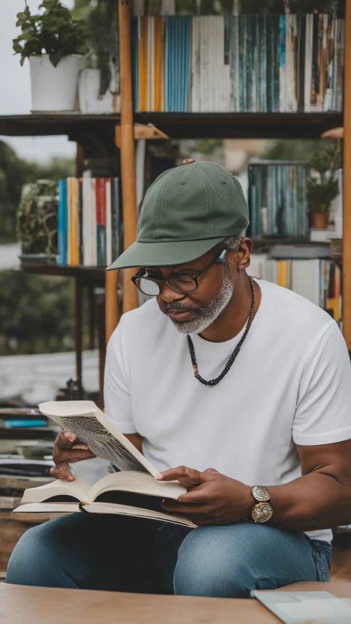 A man wearing a white Dad Hat, glasses, and reading