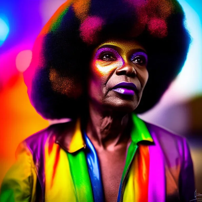 older man, fourty years old, masterpiece, best quality, family of three, ebony skinned, sparkling eyes, fluorescent skin, colorful makeup, afro, highly detailed body, afrofuturism, scifi, sun light, 4K, RAW, depth of field, high contrast, realistic details, 24mm