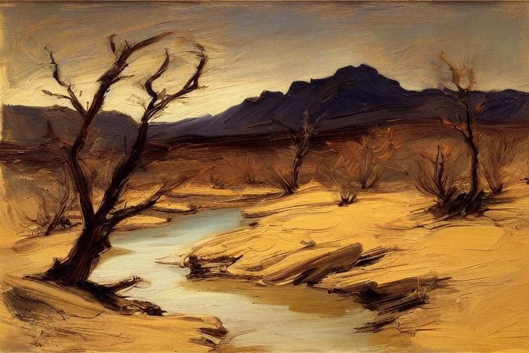 Dry trees, night, arid land, vegetations, rocks, little river, mountains, philip wilson steer impressionism painting