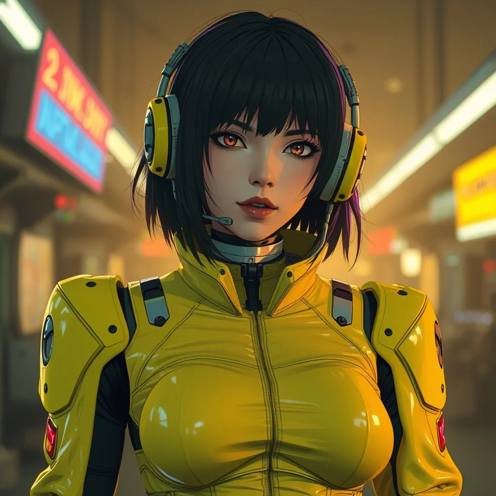 a feminine cyborg android, yellow, post apocalyptic, fallout, dystopia, neon vintage anime