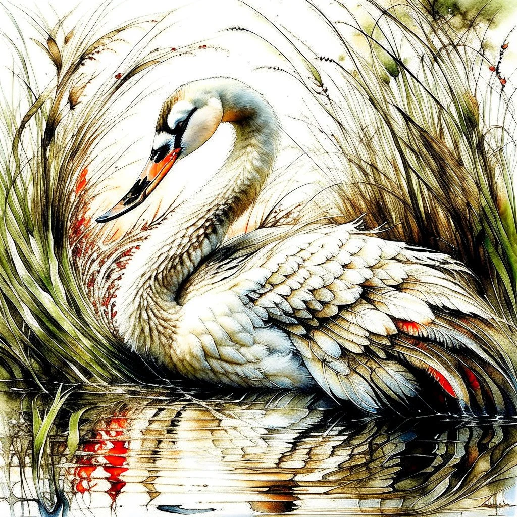 6,majestic swan with fluffed wings hiding within reeds and bull-rushes, their feathers shimmering with an ethereal glow, gazing intently into the distance. The surrounding mirror pond is bathed in soft sunlight, casting long shadows. PAINTING WITH WHITE SPACE, Carne Griffiths, WLOP, fine-tuned stylised watercolour encircled by splashy white space photorealistic ChatGPT.