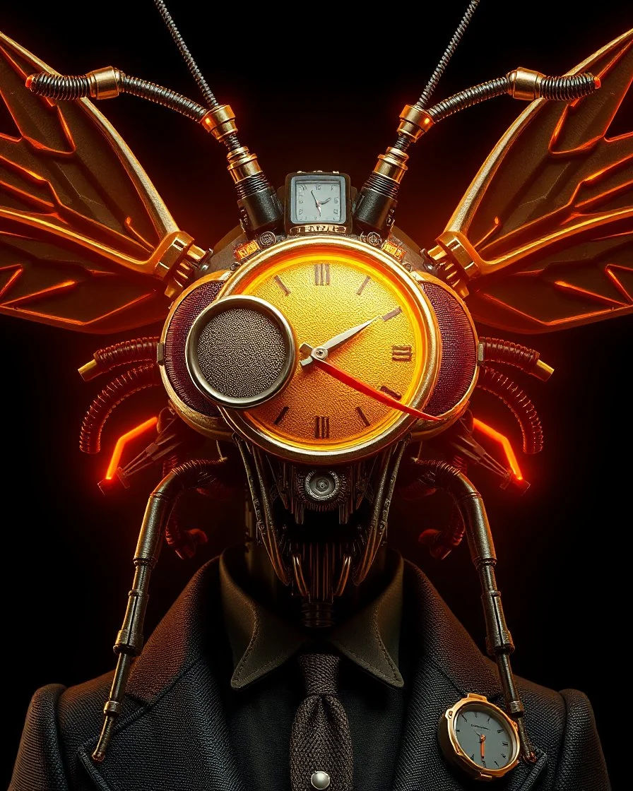 solar punk portrait of a mechanized insect, anthropomorphic, high key lighting, 3d bas relief, front view clock, glowing neon nixie cyberpunk eye, fractal wire biomorphic whiskers cyborg high contrast; assembly mode victorian suit, pocketwatch monocle, antennae ears zombie