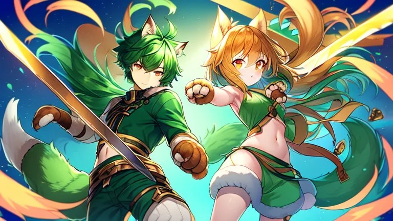 Girl, 2boy ,wolf muzzle, long green hair, green wolf ears,2 wolf tail, open navel, short blue shirt,animal tail, wolf paws hand, orange eyes, sword, animal fur on feet