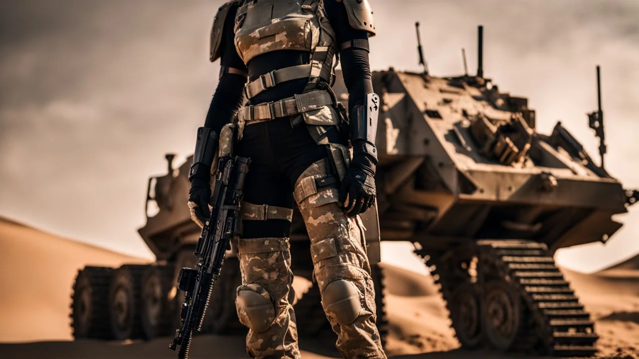 beautiful sexy caucasian female soldier, black metal body and limbs, visible cybernetic limbs, scratched sand camo, no armor, short brunette wavy bob haircut, dystopian, desert scene