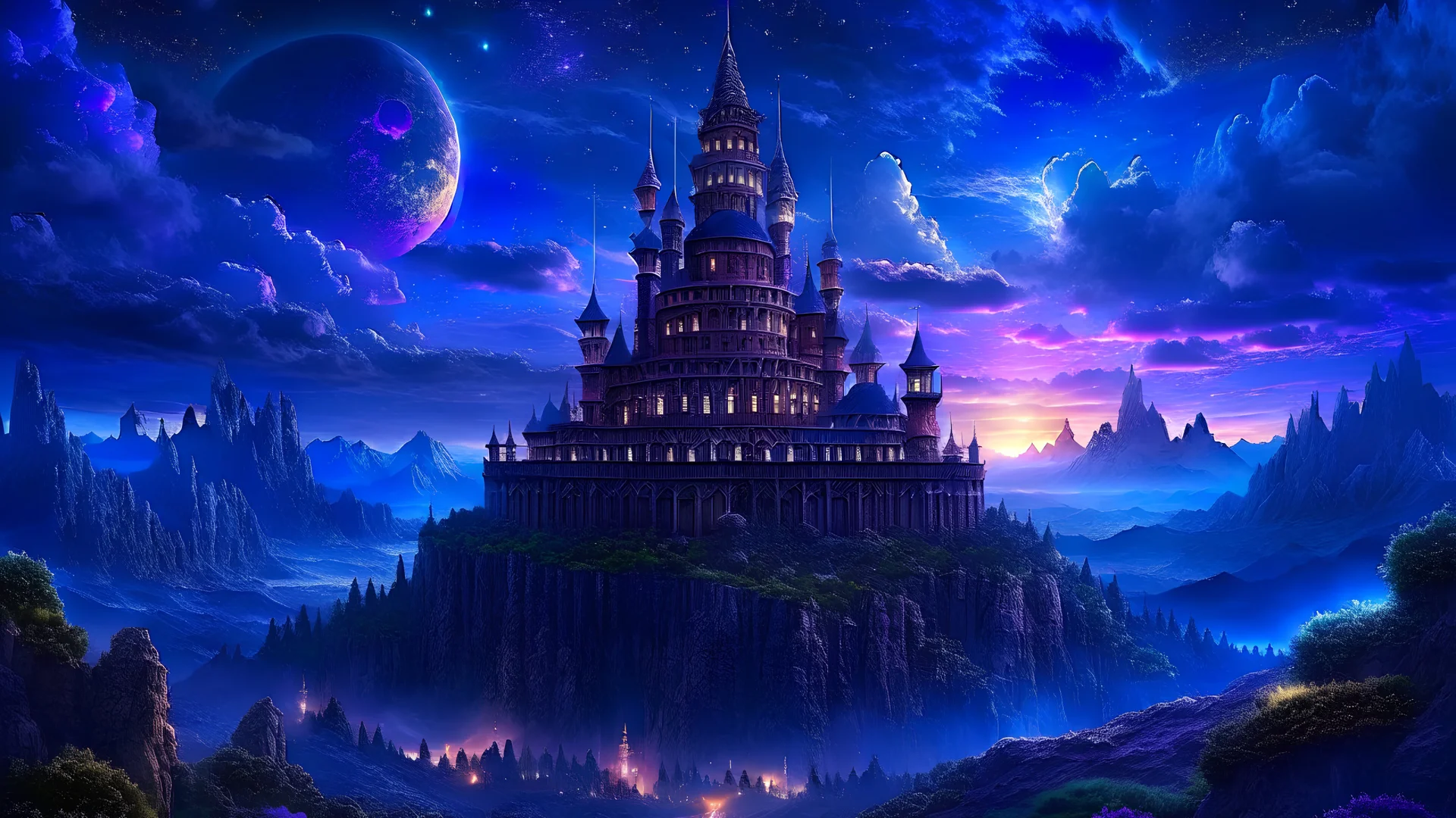 subconscious A fortress on magic tower , realty mountains, only sky, color is dark , where you can see , panorama. Background: An otherworldly planet, bathed in the cold glow of distant stars. gloomy landscape with dramatic HD highlights detailled