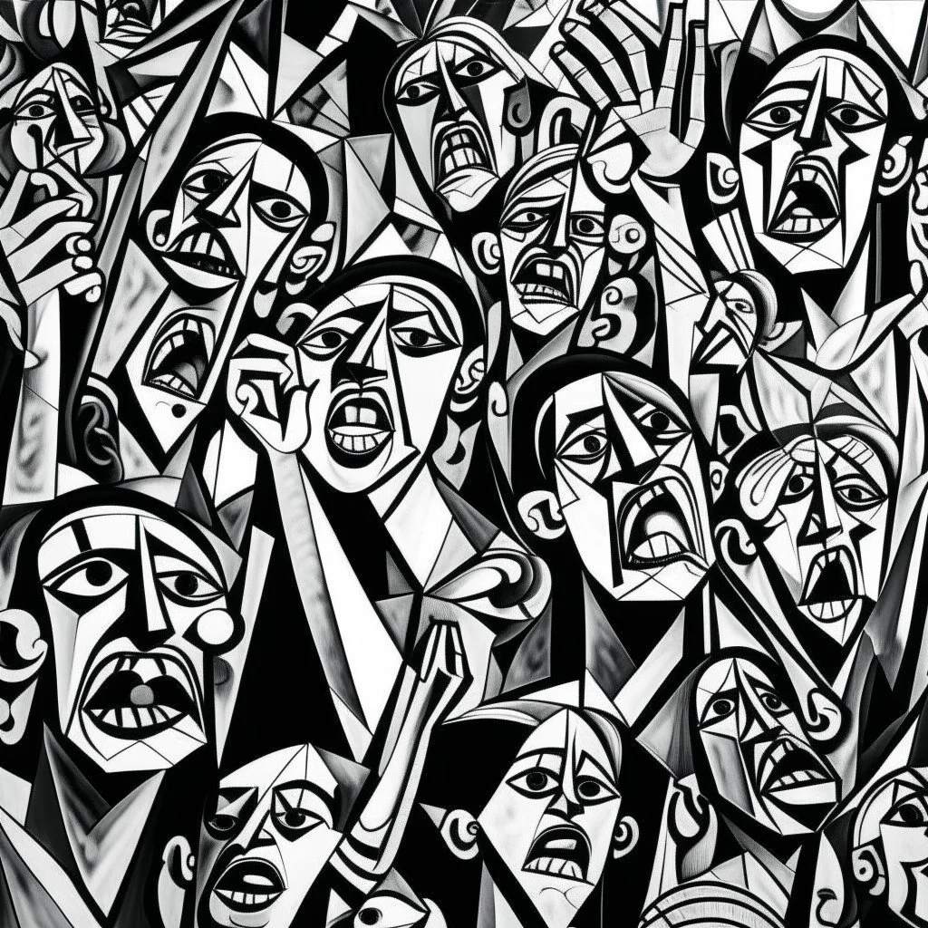 picasso cubism crowd of people black and white screaming with wapens