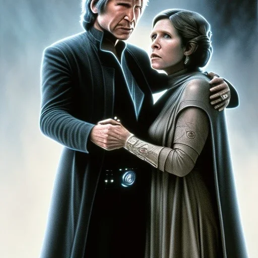 middle-aged carrie fisher embracing harrison ford in star wars, waist up portrait, photorealistic faces, intricate, masterpiece, expert, insanely detailed, 4k resolution, cinematic smooth, intricate detail , soft smooth lighting, soft pastel colors,