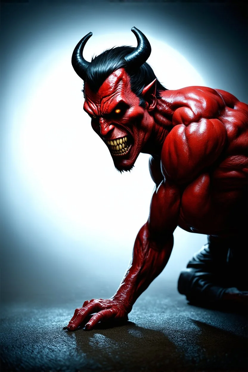 Realistic devil leaning forward at an angle facing left, posed as if over a shoulder, red skin, horror style, no other person.