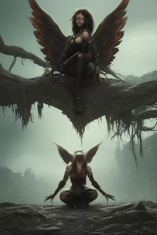 Fallen angel character crouching, yellow eyes, dark hair, dark armor, waist up portrait, Demonic tail, hyperrealistic, intricate details, insanely detailed, cityscape background, natural lighting