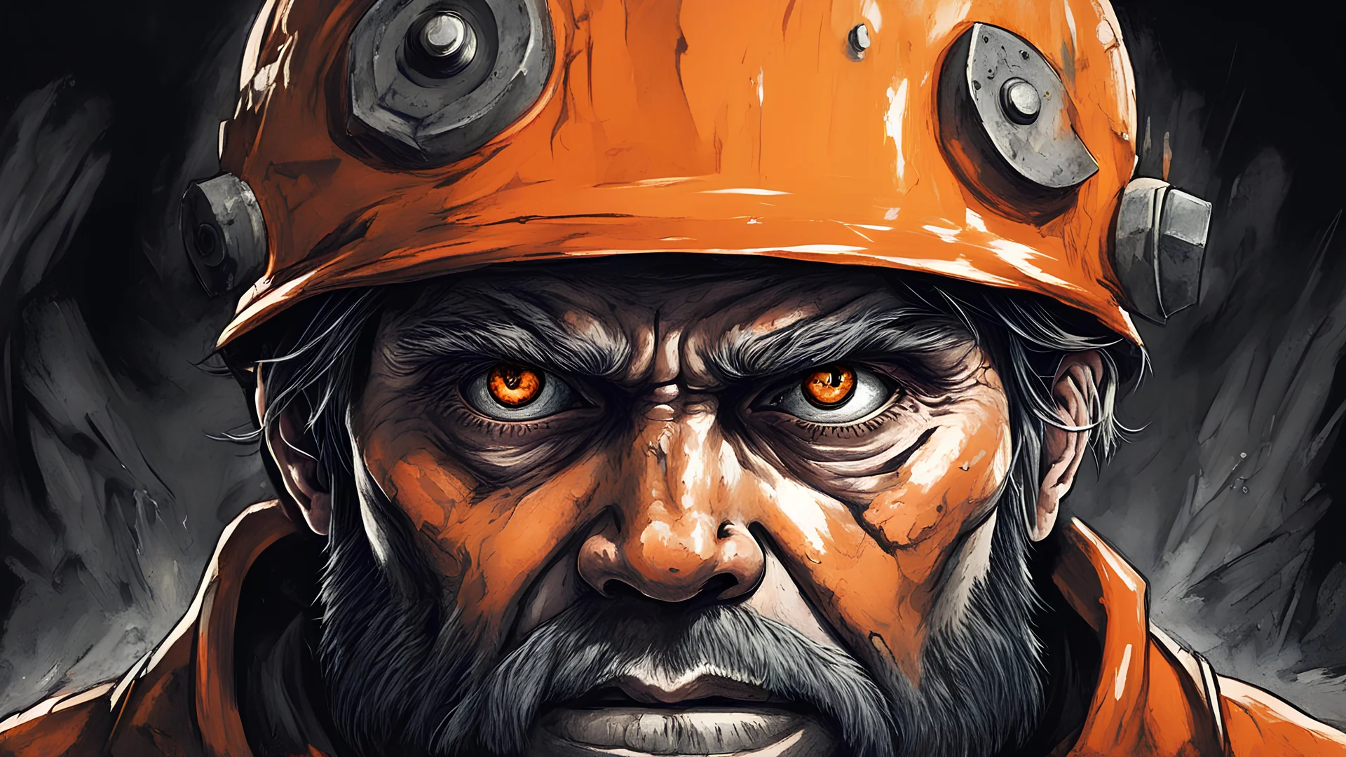 (masterpiece), best quality, expressive eyes, miner, inside mine, eyes close up, fear in eyes, adult men, 40 years man, extreme quality, dark horror art style, horror style, dark art style, Miner inside the mine, look of fear, wearing orange helmet, strong man, strong muscular face, drawing, anime art style