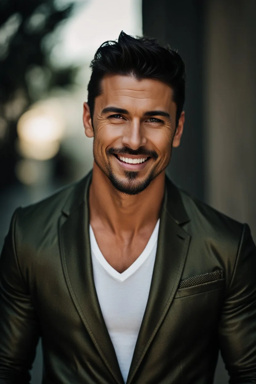 Portrait of an Olive skinned muscular very handsome male with dark hair and a goatee beard, smiling softly