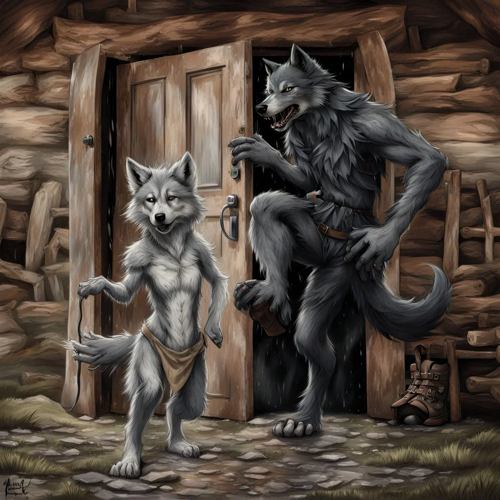 fantasy digital art of a very sad young anthro wolf kicked out of the house, she have wolf face gray hairy wolf body and wears just a short canvas rag around her waist , she have sadly face , rain , behind she an tall angry anthro wolf man in dark gray body hairy kicks she out the door with his foot, behind in rustic halb open door in an massive wooden house, rainy day, detailed, fantasy mood