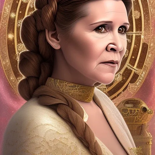 hyperspace background, complete and photo realistic detailed head to waist stunning photo realistic portrait of carrie fisher as Princess Leia in star wars with photo realistic wedding hairstyle by Mandy Jurgens and mucha and Richard Schmid and chuck close and chie yoshii, extraordinary and detailed ceremony dress of star wars,brown eyes