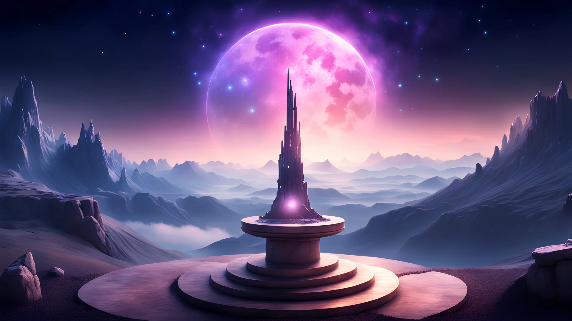 magic tower and meditation round podium , realty mountains, only sky, where you can see , panorama. Background: An otherworldly bathed in the cold glow of distant stars. gloomy landscape with dramatic HD highlights detailled.