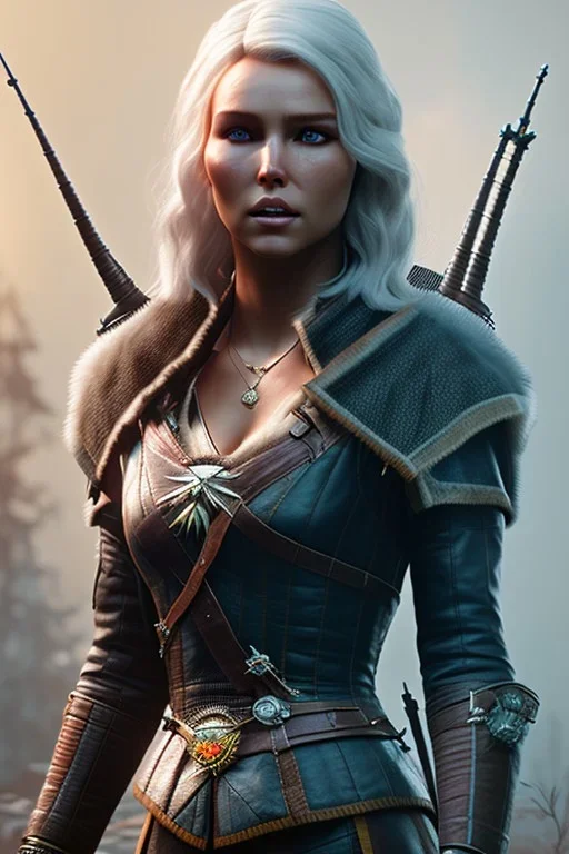 Camilla luddington face, texture skin,Crystal yellow eyes, long white hair, wearing The witcher 3, realistic, 4k, intricate, best quality, fog particles, fire particles, octane render, vray, sword fire