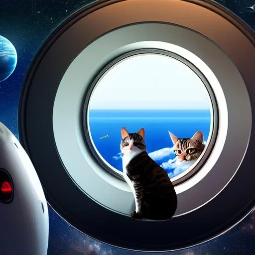 hyper-realistic spaceship interior with a cat looking through porthole at milkyway, floating astronaut in suit behind cat, 8k resolution, high-quality, fine-detail, detailed matte, intricate, 3D octane render, illustration, digital art, brian froud, howard lyon, anna dittman, greg rutowski,