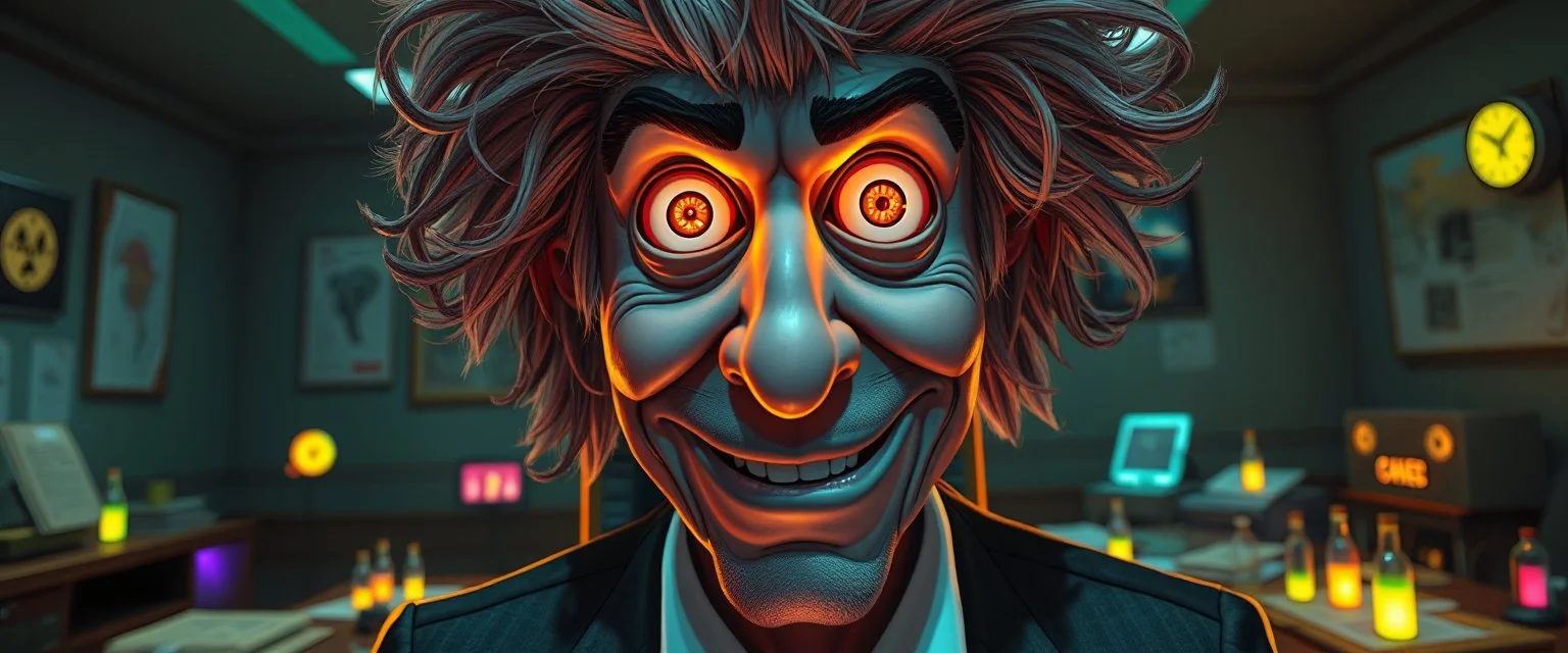 high class realism,, A really close up portrait of one person individually mutated with hairy wigs glowing, messed up uranium creatures in a dimly lit boardroom, with playful expression. The room is filled with scattered papers, glowing vials, and miniature nuclear reactors. Style: whimsical digital illustration, cinematic lighting, colorful