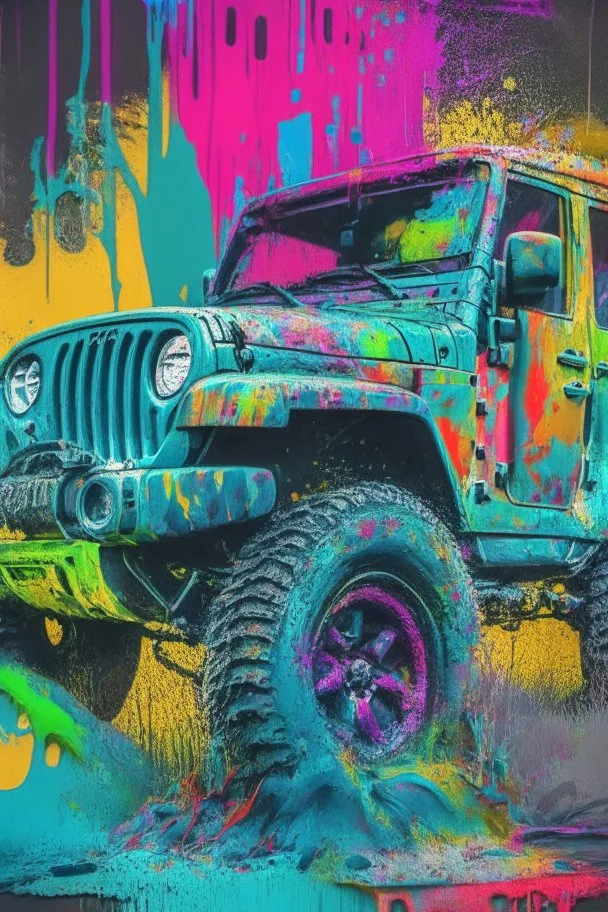 jeep on a terrain, graffiti art, splash art, street art, spray paint, oil gouache melting, acrylic, high contrast, colorful polychromatic, ultra detailed, ultra quality, CGSociety abstract art complementary colors fine details